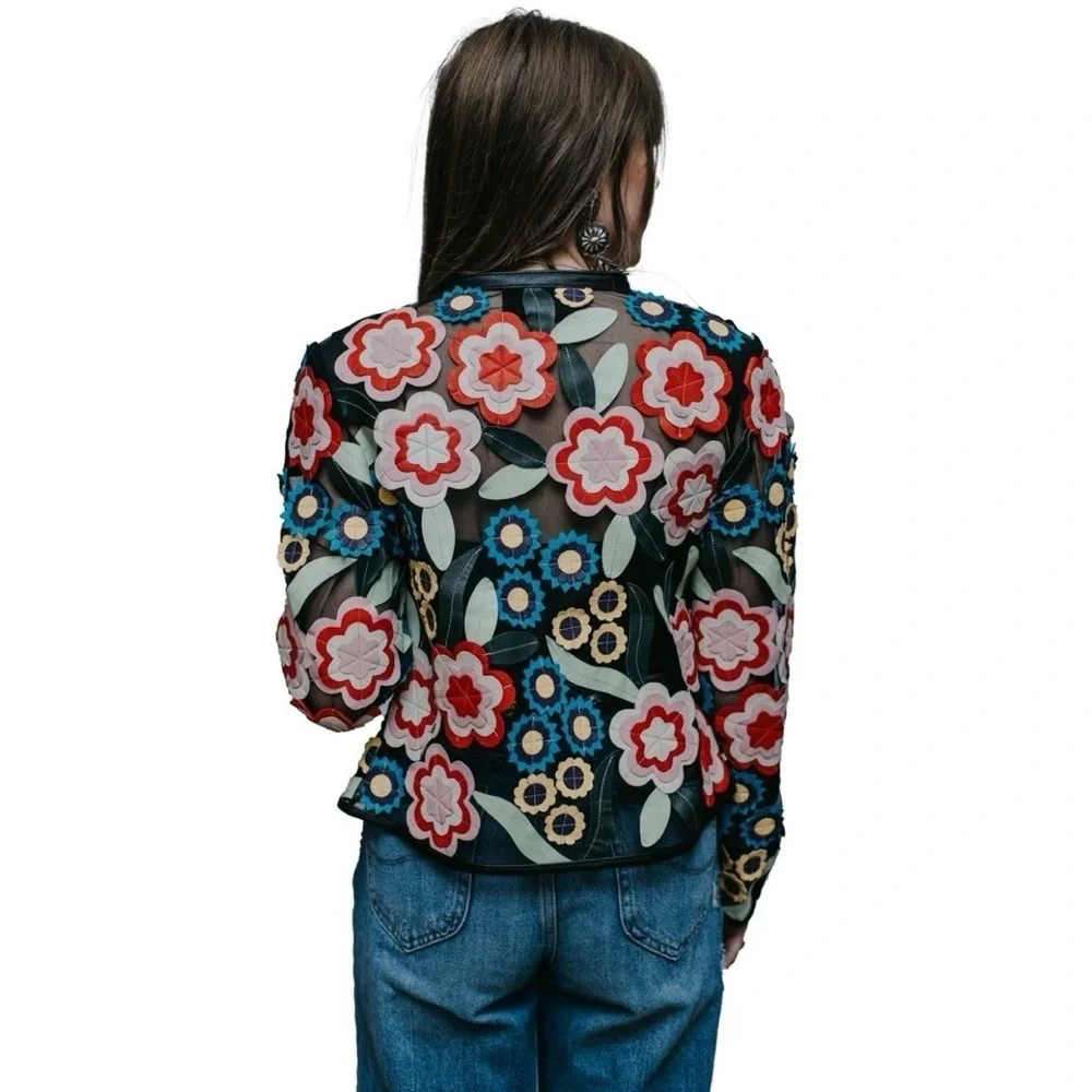 Dakota West Short Art Deco Leather Jacket Black Floral Medium